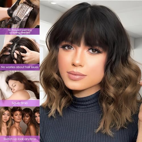 Image of AISI HAIR Ombre Brown Short Wavy Bob Wigs with Bangs for Women Ombre Brown Wavy Wig Natural Looking Resistant Fiber Synthetic Hair for Daily