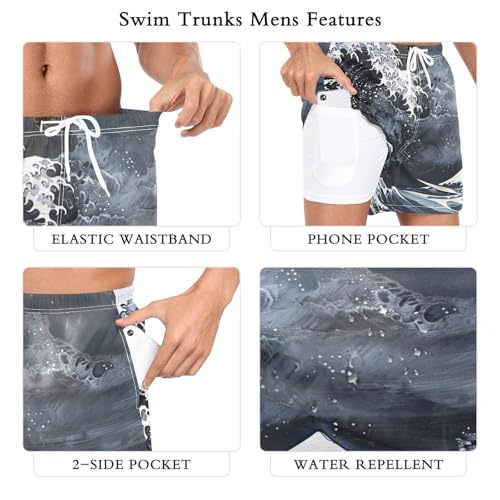 Mens Swim Trunks with Liner, Vintage Japanese Waves Cool Quick Dry Beach Swim Shorts, Swimwear Bathing Suits S3