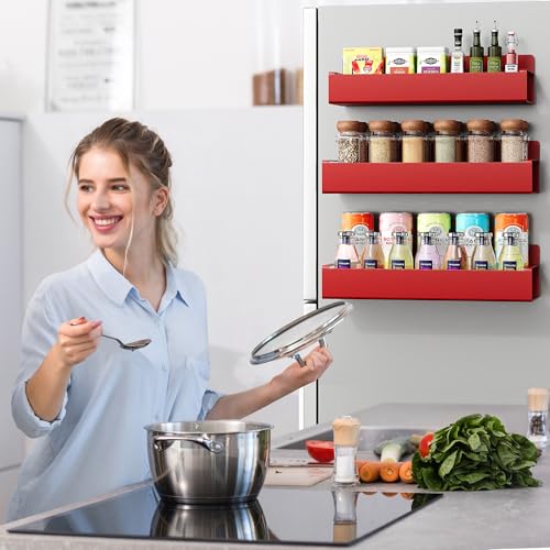Image of OrganizeMee Movable Kitchen Organizer Storage Spice Magnetic Rack, Decorate Your Fridge,Washing Machine & Microwave Oven with Magnetic Metal Fridge Side Rack 1 Year Warranty: Red Set Of 3