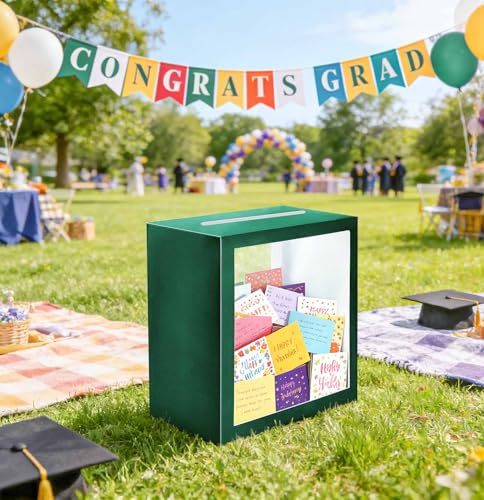Image of SietDESEO Green Card Box for Party with Clear Window Large Gift Card Box Holder for Wedding Reception Birthday Graduation Baby Shower Raffle Ticket Box