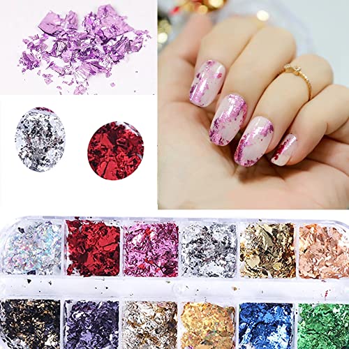 12 Color Holographic Nail Art Foil Flakes Glitter Nail Sequins Confetti Gold Silver Irregular Ultra-Thin Film Nail Designs Acrylic Nails Supplies For Women Girls Manicure Tips Charm Decorations #TOP5