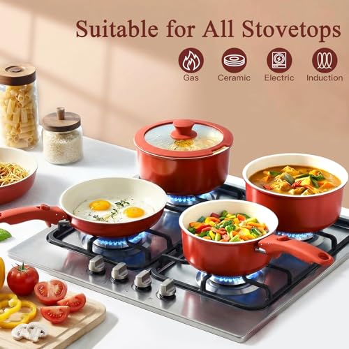 Image of GiPP 5PCS Pots and Pans Set Non Stick, Nonstick Cookware Set Detachable Handle, Ceramic Pots for Cooking Non Stick with Removable Handle, RV Cookware Set for All Stoves, Red Black Gradien