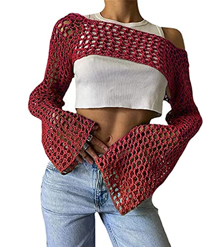 Aimiray Top corto sexy de malla de ganchillo para mujer, cubierta de playa, transparente, manga larga, suéter de punto Y2K, WineRed, L