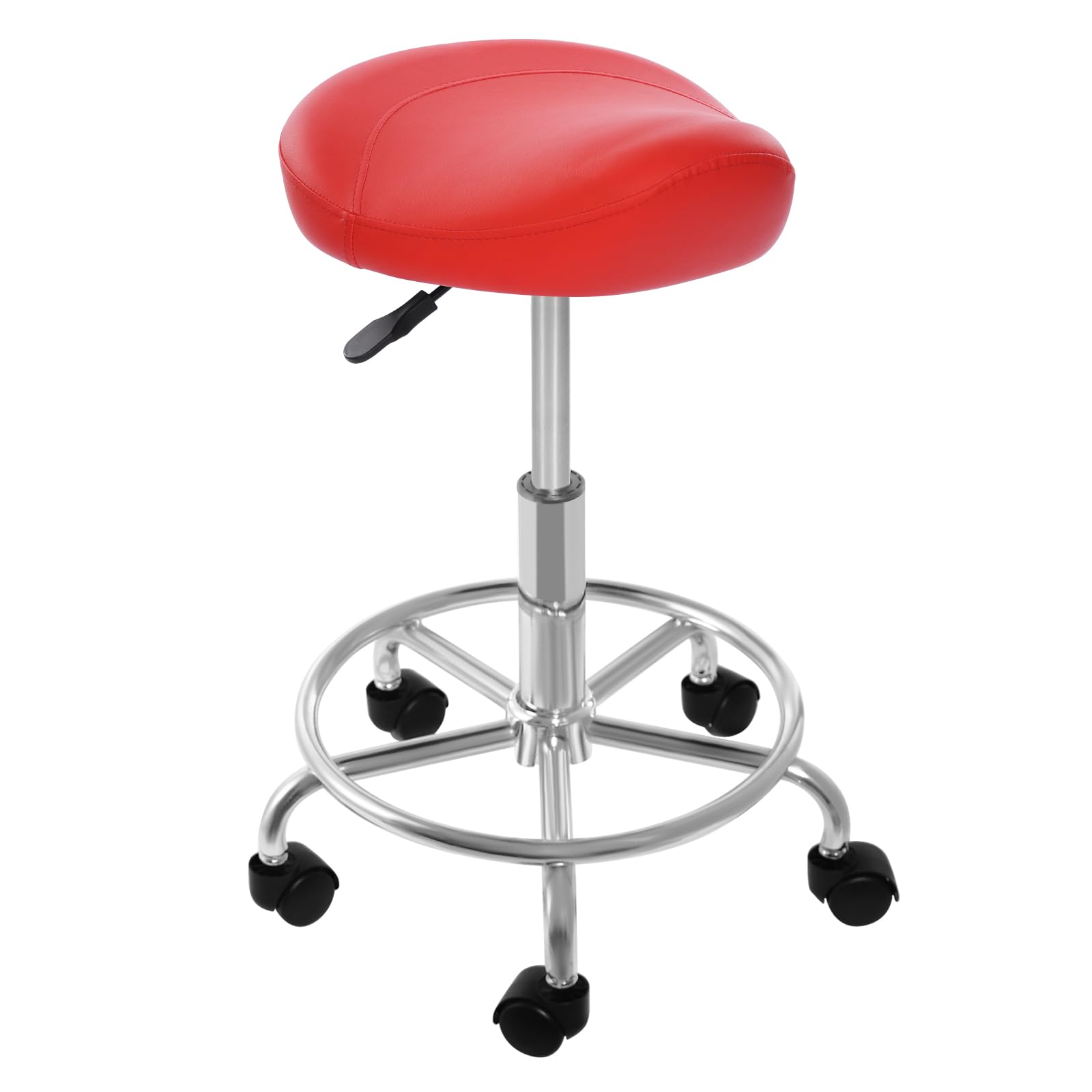 Taburete de altura ajustable, rojo, giratorio 360°, altura regulable, adecuado para bares, salones, peluquerías, estudios de tatuaje