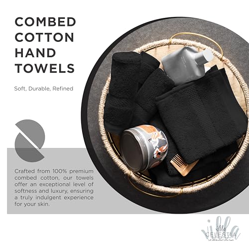 Image of Villa Celestia Cotton Hand Towels Set of 4, 16 x 28, Oeko-TEX Certified, Quick Dry, Black