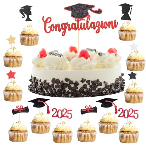 VEGCOO 33 Pezzi Toppers Laurea per Torta, Topper Torta Decorazioni Scritta Laurea Congratulazioni Rosso Cupcakes Toppers, Addobbi Gadget per Festa Laurea Graduation