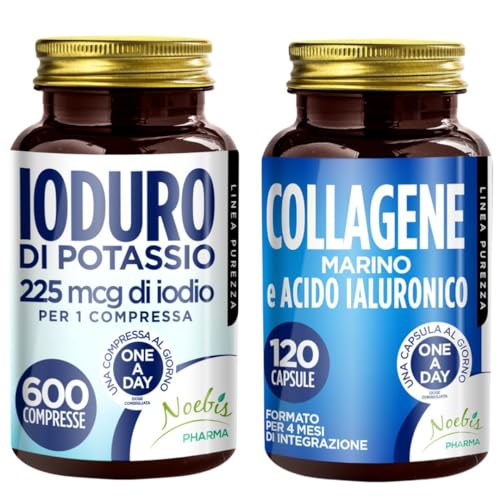 Set di Integratori Metabolismo + Pelle - 225 mcg di Iodio per 1 Compressa Alto Dosaggio + Collagene marino e acido ialuronico - 120 capsule