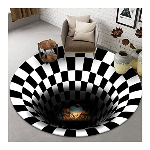 Halloween Door Mat, 3D Vortex Optical Illusion Rug Round Carpet Clown Doormat for Lvining Bedroom, Black White Plaid Round Rugs (60cm, Clown)
