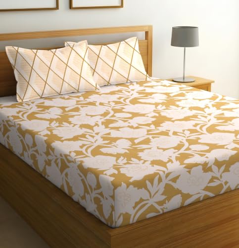 Image of Cotton Glace Cotton Elastic Fitted Bedsheet with 2 King Size Pillow Covers | Double Bed with All Around Elastic, Fits Upto 8 Inches Mattress, Size 72 x 78 Inches (Yellow White)