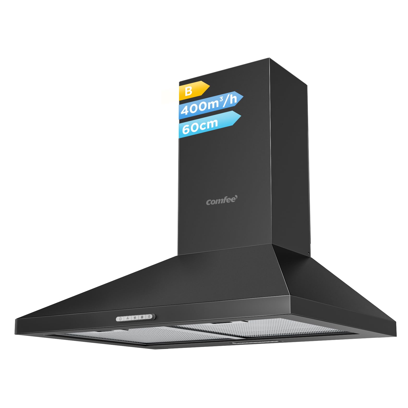 COMFEE' 60 cm Chimney Cooker Hood PYRA17B-60 with LED and Recirculating & Ducting System Wall Mounted Range Hood 600 mm Extractor Fan Kitchen - Black