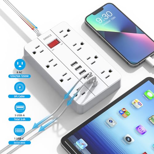 Power-Strip-with-USBSurge-Protector-Flat-Plug-with-8-Widely-Spaced-Outlets-and-6-USB-Ports1-USB-C-5ft-Extension-Cord-Wall-Mountable-Phone-Tablet-Laptop-Computer-Multiple-Devices