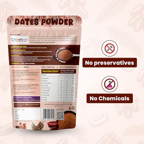 Image of Chewboo 100% Natural Dates Powder for Kids | Kharik /Khajur Powder | Source of Iron, High Fibre | Natural Sweetener | No Added Sugar, No Preservatives, No Chemicals | Healthy Substitute for Sugar, 300g