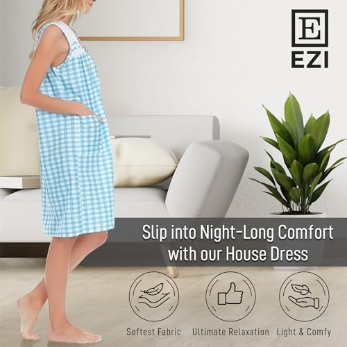 Image of Ezi House Dresses for Women with Pockets - Moo Moos Gingham Dress - House Coat Zipper Duster Dress - Medium to Plus Size