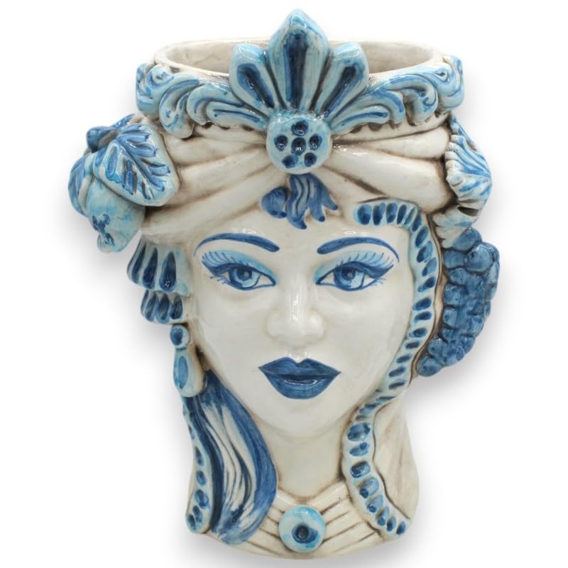 Cabeza morisca siciliana mujer vellón azul antiguo con fruta jarrón decorativo 27cm