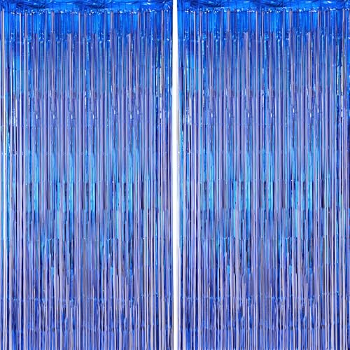 Image of Voircoloria 2 Pack Blue Foil Fringe Backdrop Curtains, Tinsel Streamers Party Decorations, Fringe Backdrop for Graduation, Disco Party