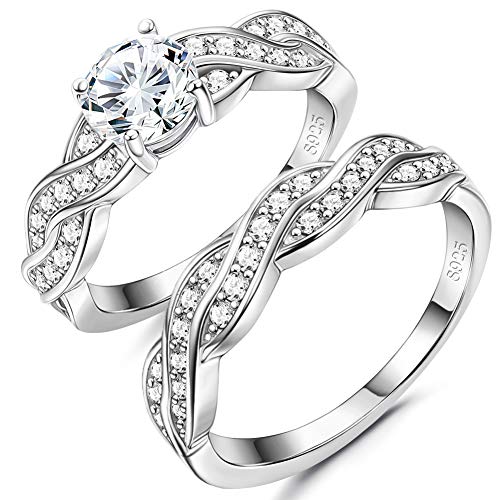 Milacolato 2pcs 925 Sterling Silver CZ Wedding Rings Engagement Bands Promise Rings Bridal Gifts for Women 1.3Ct Cubic Zirconia White Gold Plated Size 9