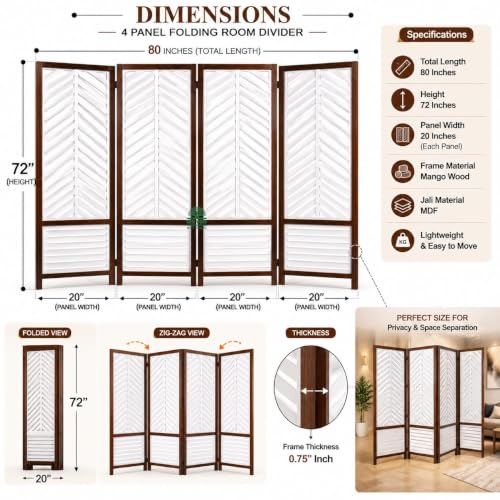 Image of Wooden Room Divider 6 Feet, 4-Panel Folding Wooden Partition for Living Room, Office, Pooja Room, Restaurant, Kitchen & Balcony (2W x 1.82H Meters). (Milky White Circle Pattern)