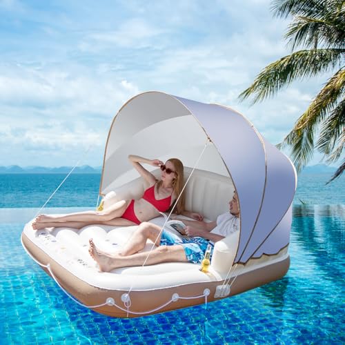 Moccha Inflatable Island with Canopy - 71" Party Floats w/ SPF50+ Retractable Detachable Sunshade, Ergonomic Backrest, Armrest & 2 Cup Holders, Tanning Pool Lounger, Floating Island for Lake Beach