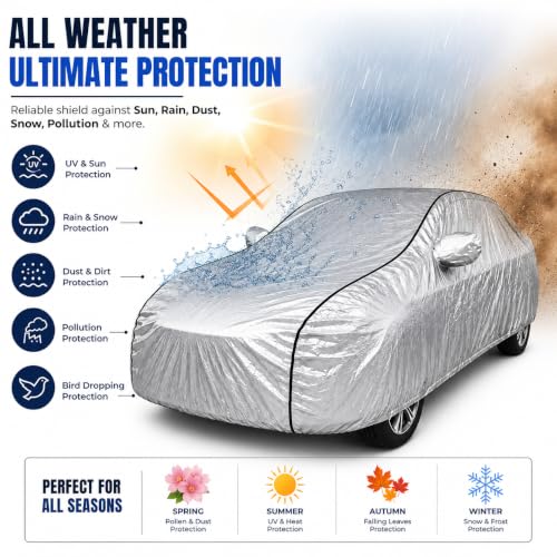 Image of BORDAN Sonet Heavy Duty Car Cover Waterproof | 6-Layer Full Body Protection with Soft Cotton Inner Lining | UV, Rain, Heat, Dust & Scratch Resistant | Custom Fit with Mirror Pockets | Silver