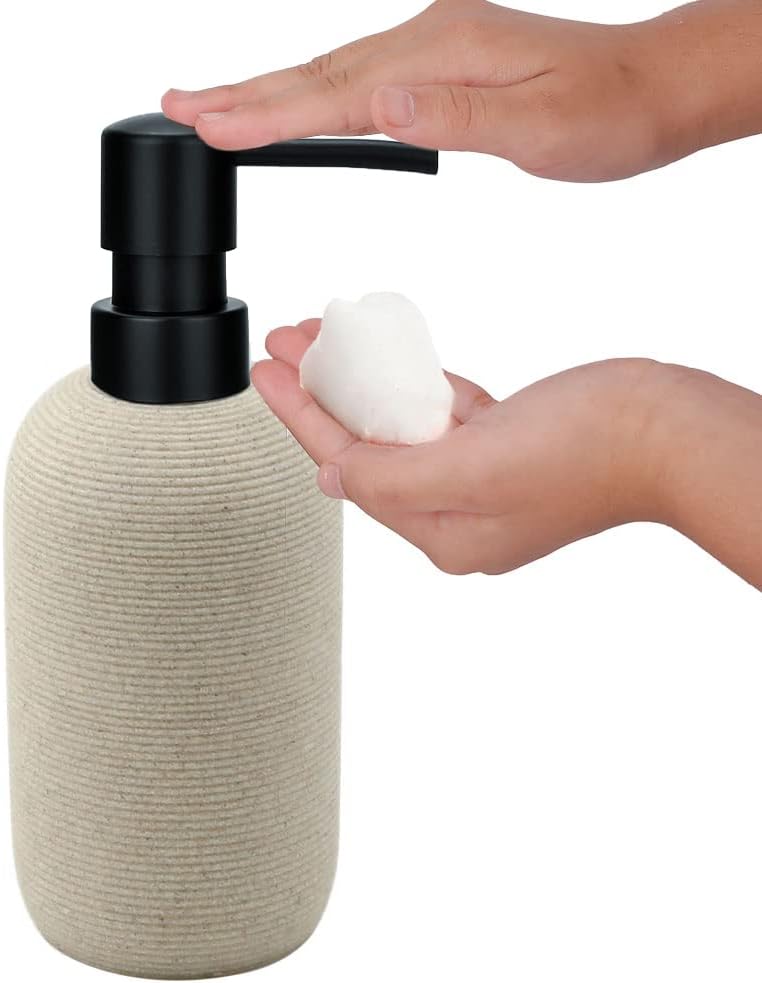 Beige Resin Bathroom Accessory Set, 5 Pcs Bathroom Accessories Set with Lotion Dispenser,Soap Dish,Toothbrush Holder,Vanity Tray,Qtip Holder Dispenser, Modern Bathroom Decor and Housewarming Gift Set