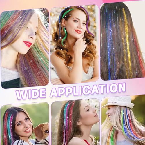 Foto von Oneroomone 1440 Hair Tinsel, 12 Farben Glitzer Extensions Set, 37 Zoll Haar Lametta mit Werkzeug, Bunte Haarextension PET, Frauen Mädchen & Kinder Tinsel Hair Extensions Clip, Lametta Die Haare Party