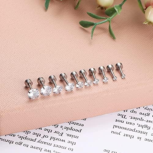 ADRAMATA 5 Pairs 316L Stainless Steel CZ Earrings for Women Men Cartilage Helix Ear Studs Piercing Round Cubic Zirconia Ball Screw Backed Earring Barbell Flat Back Earrings