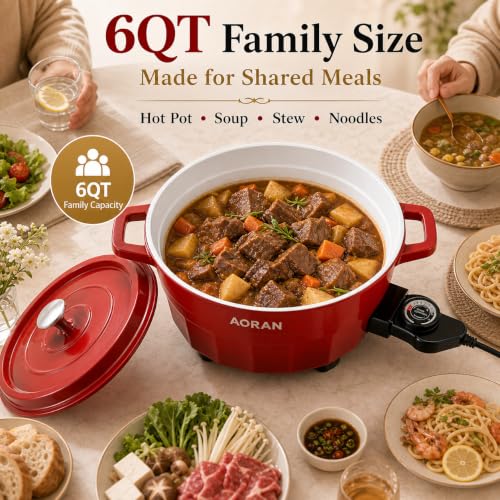 Image of AORAN 6QT Multi-Function Electric Hot Pot Cooker, 1400W Family Hot Pot for Frying, Boiling, Slow Cooking & Stewing, Nonstick Cooking Pot with Temperature Control, Ladle, Skimmer & Spatula