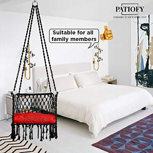 Image of Patiofy Made in India Premium Cotton C-Swing Chair for Adults, Kids Hammock-Hanging Chair Swing with Red Color Cushion and Accessories (Black)