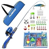 PLUSINNO Kids Fishing Pole,Portable Telescopic Fishing Rod and Reel Full Kits, Spincast Fishing Pole for Kids, Boy, Youth (Blue Handle with Bag, 150CM 59.05IN)