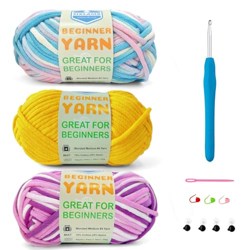 SIXLAMB 3 * 50g/1.76oz Yarn for Crocheting and Knitting, 3 * 60yds Beginner Yarn with Easy-to-See Stitches; Worsted-Weight Medium #4;Amigurumi-Friendly Crochet Kit(Violet+Yellow+Blushing Blue)