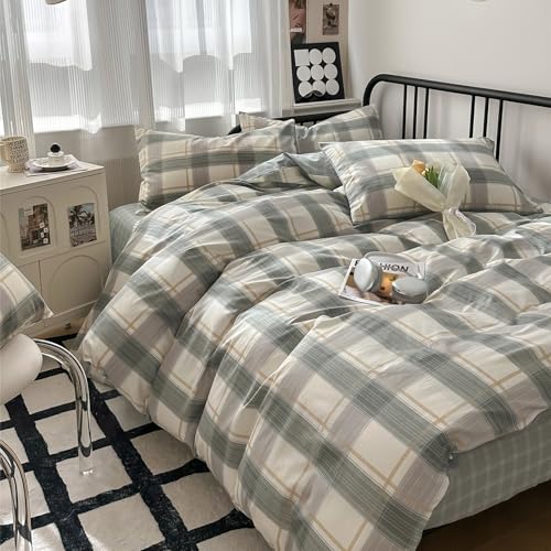 Image of mixinni Green Grid Duvet Cover Set Queen - Vintage Buffalo Plaid Bedding Set-Green &Yellow&Beige, Soft Cotton Geometric Checkered Bedding Set with 2 Pillowcases for Boys, Girls, Teens