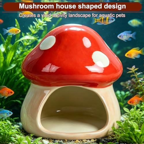 Image of AnRui Ceramic Betta Fish Tank Accessories Decor Cute Mushroom House Aquarium Decoration Hideout Cave Ornament for Small Fish, Shrimp, Goldfish and Reptiles (Red)