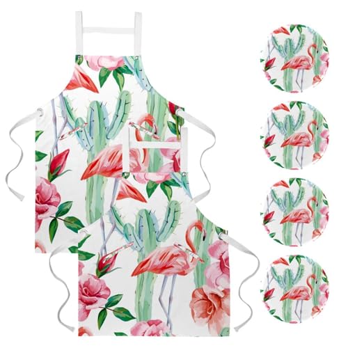 Lot de 2 tabliers de cuisine avec 4 broches motif flamant rose et cactus