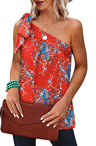 Chiffon Tops For Women Summer Red Floral Tank Tops Cute One Shoulder Tops For Women Xl #TOP1