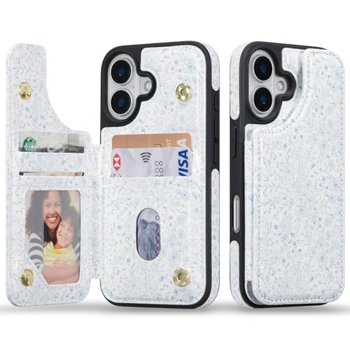 ZCDAYE for iPhone 17 Wallet Case with Card Holders, PU Leather Double Magnetic Clasp Kickstand Trendy Girly Women Case for iPhone 17 (6.3 inch) Case,Blue Flower