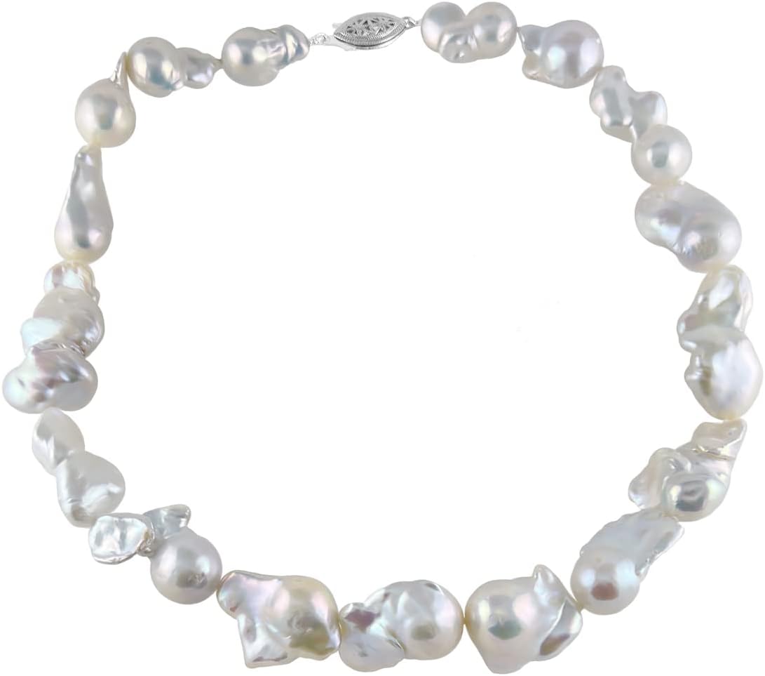 13-17mm Lustrous White Freshwater Cultured Baroque Pearl Necklace with Sterling Silver Clasp 17" - PremiumPearl