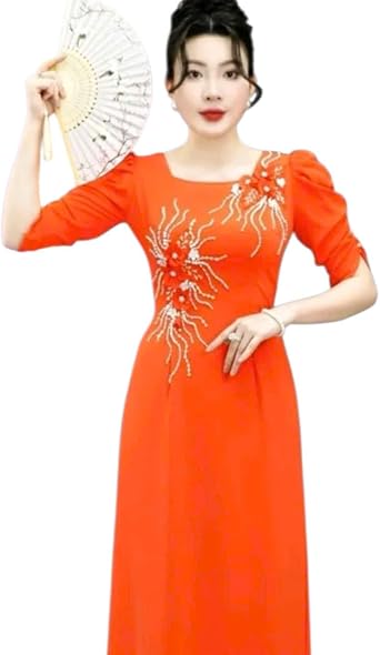 Traditional Vietnamese Ao Dai, square neckline, puff sleeves, floral embellishments, beadwork, Ao Dai and Pants