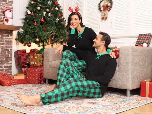 Men & Women Pajama for Couples Christmas Pajama Set Long Sleeve Sleepwear with Pockets Black & Green Plaid L 6