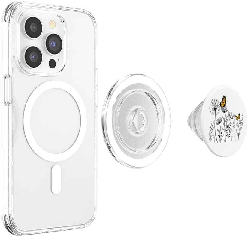 Retro Sketch of Botanical Wildflowers & Yellow Butterflies PopSockets MagSafe PopGrip for iPhone
