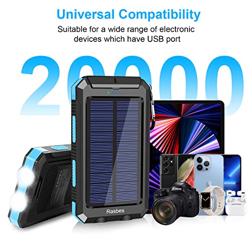Solar Charger Power Bank 20000mAh Portable Solar Cell Phone Charger with 2 USB Ports and Dual LED Flashlights for Outdoor Camping Travel, Waterproof Portable Battery Pack for Outdoor or Emergency