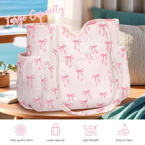 hatisan Pink Bow Corduroy Tote Bag for Women, Cute Coquette Shoulder Bag — view 6