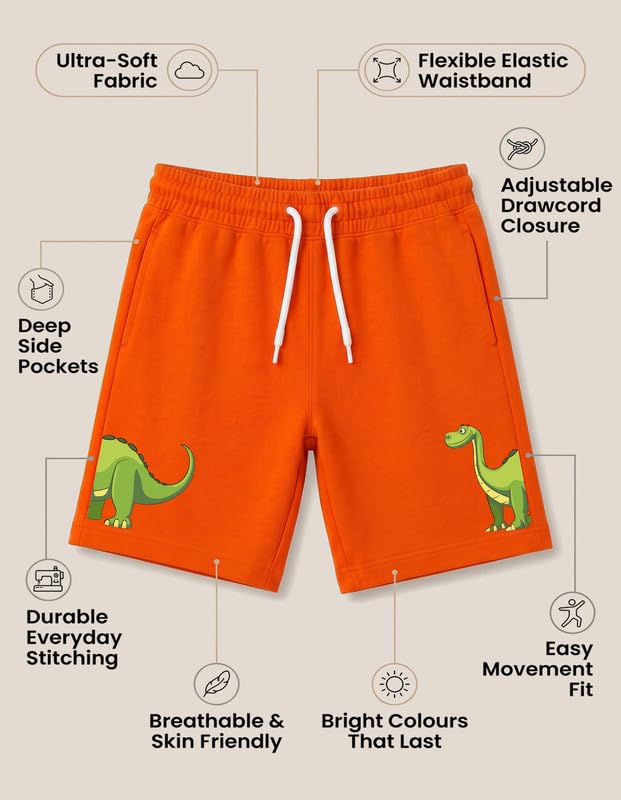 Image of Nusyl Solid & Printed Cotton Blend Shorts for Boys | Comfortable Casual Shorts | Soft Breathable Fabric with Elastic Waistband | Relaxed Fit | 2-16 Years | Multiple Colors