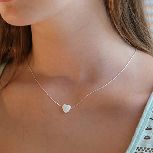 White Opal Heart Necklace - 14K Gold Filled Opal Necklace For Women - Dainty Opal Stone Necklace,Cable Wire Chain 16+2 Inches Extender #TOP3