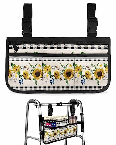 Farmhouse Sunflower Wheelchair Side Bag Walker Bag, Rustic Butterfly Floral Black Buffalo Plaid Wheelchair Accessories Armrest Pouch, Organizer Storage Bag for Walkers, Rollators, 7.3''x13''