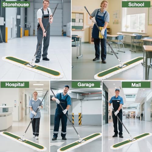 Image of 48 inch Commercial Dust Mop for Floor Cleaning with 2 Cotton Mop Pads | Heavy Duty Wet Dry Broom with 65 inch Metal Handle for Commercial Industrail Office Garage Warehouse Factory Mall /Green