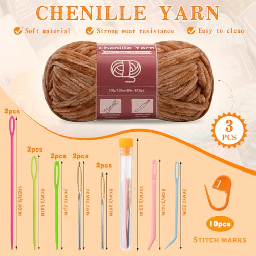 Image of LUNARM Chenille Yarn 3 Pack 3.5oz Chunky Blanket Velvet Yarn 263 Yard | Light Khaki Chunky Chenille Yarn for Beginners Crocheting Hand Knitting Scarves with Big Eye Needles Machine Washable