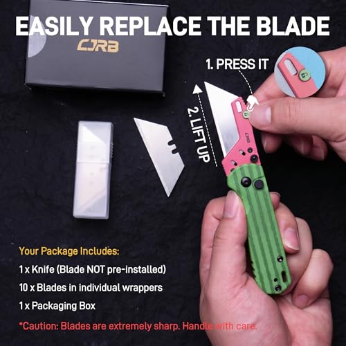 Image of CJRB Boxer Folding Utility Knife, Button Lock EDC Pocket Knife with G10 Handle, Includes 10PCS Total Blades(J1967 Watermelon Green)