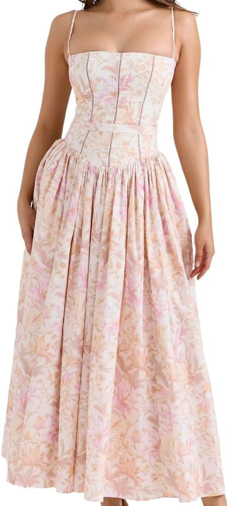 Women's Casual Bohemian Floral Printed Strapless Backless Beach Party A-Line Flowy Long Maxi Dress Summer