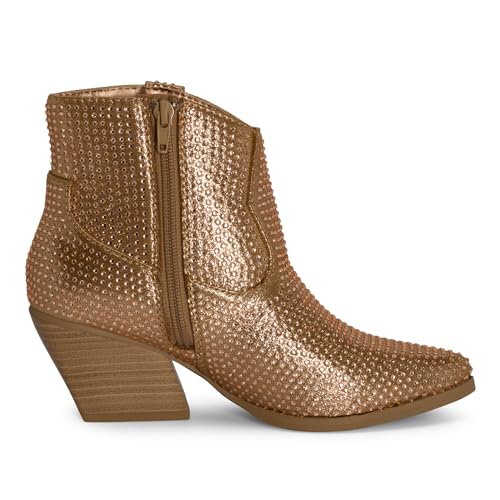 STYLISH S BLING ~ Womens Sparkly Rhinestone Western Cowgirl Ankle Boots Low Stacked Heel Pointed Toe with Side Zipper3