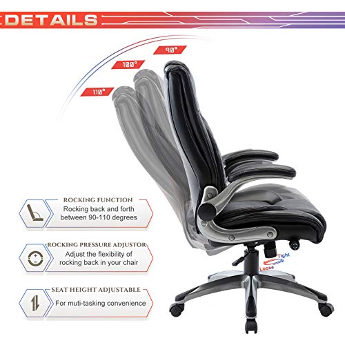 Image of COLAMY Ergonomic Office Chair, High Back Leather Desk Chair with Adjustable Lumbar Knob, Thick Cushion Seat, Flip-up Armrests, Rocking Function, Computer Chair for Home Office, Black